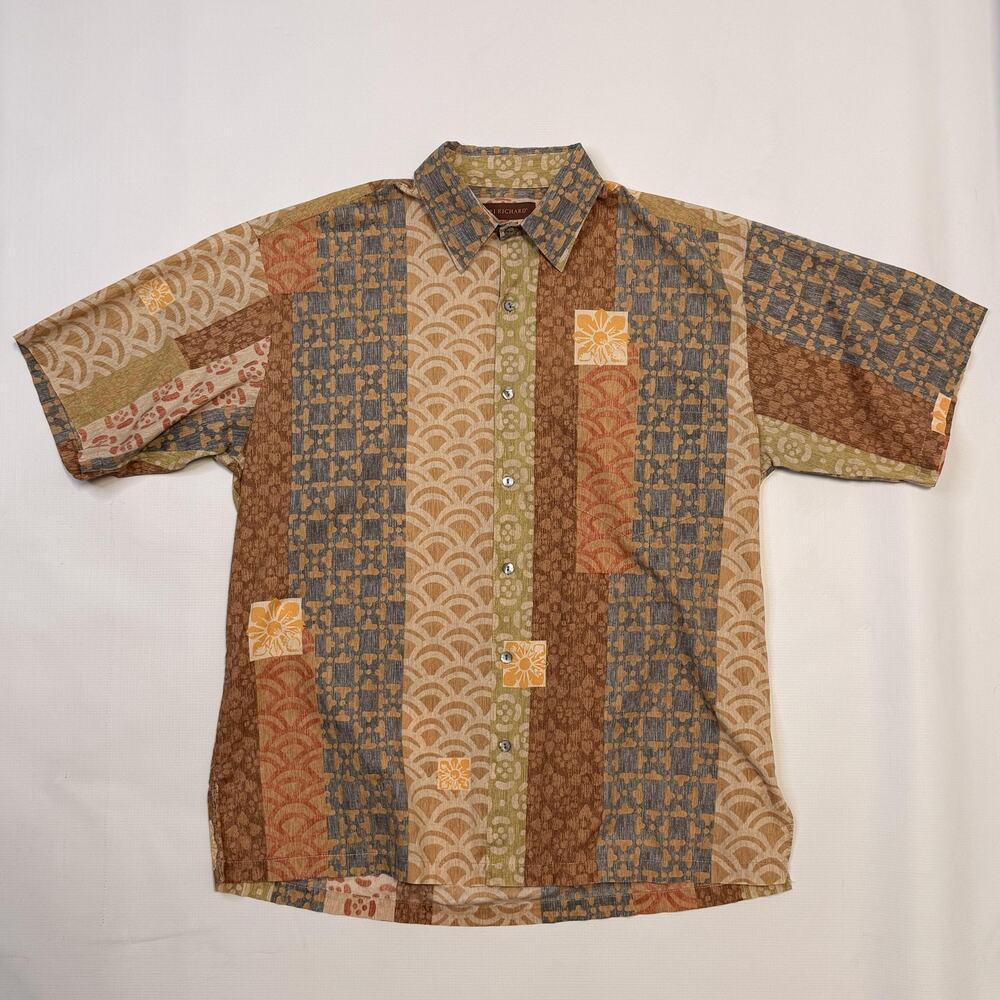Tori Richard Shirt Mens Medium Multicolor Geometric Hawaiian Aloha Button Up USA